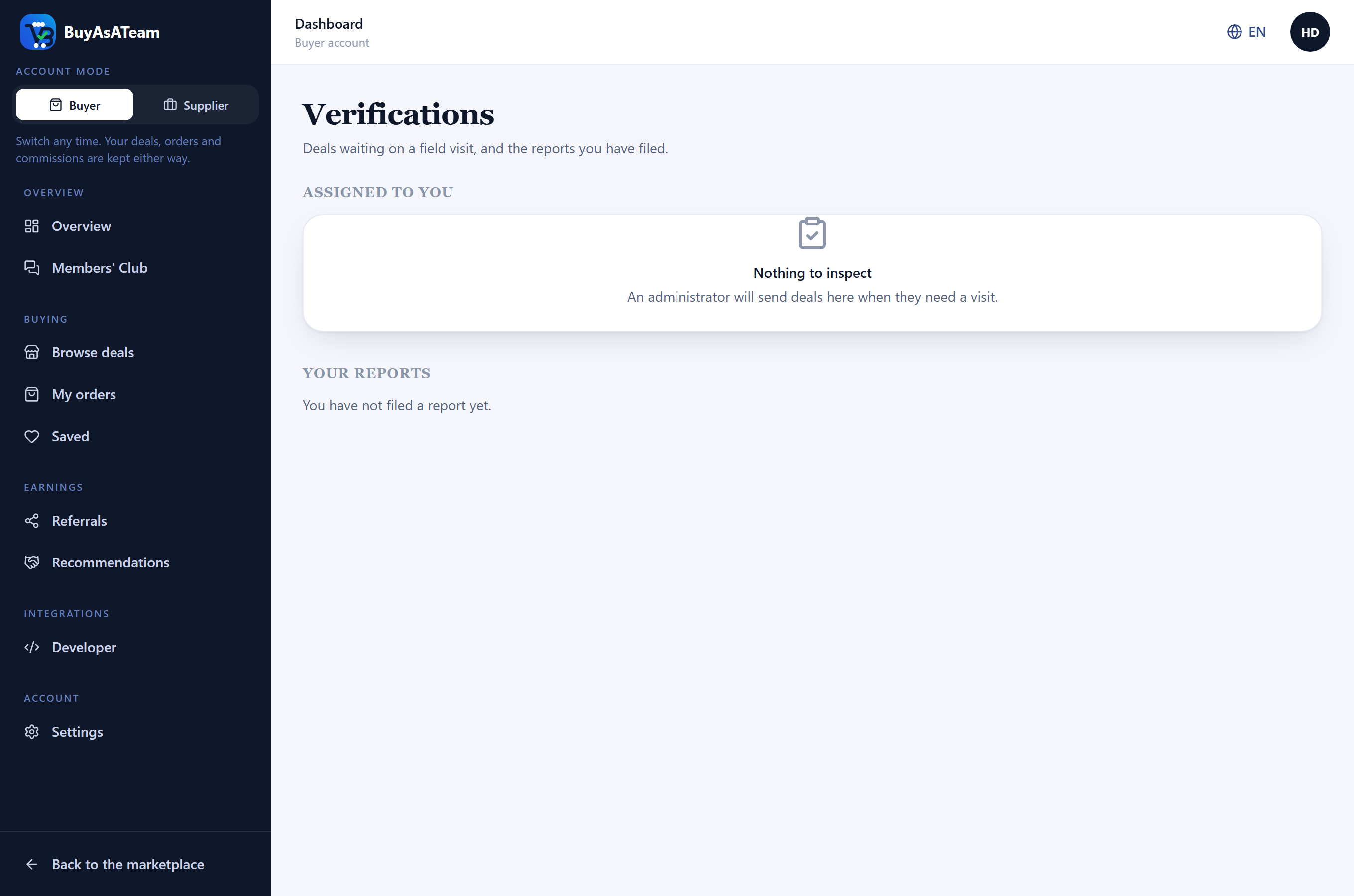The verifications screen with no assignments yet, explaining that an administrator will send deals here when they need a visit.