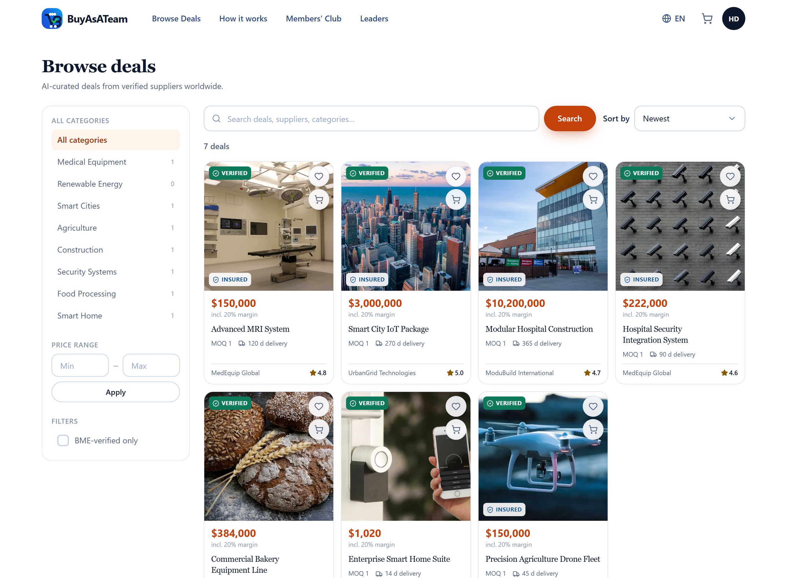 The deals catalogue with category filters and deal cards showing price, rating, minimum order and delivery time.