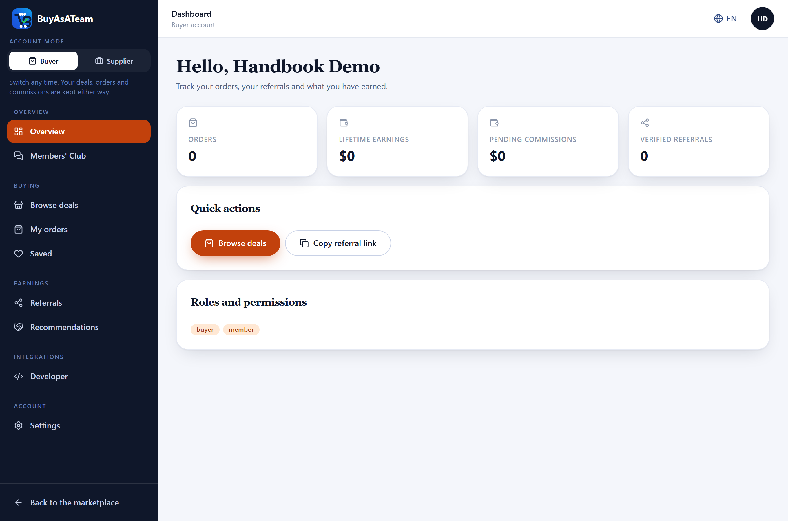 The member dashboard greeting a new member, with the identity verification prompt dismissed.