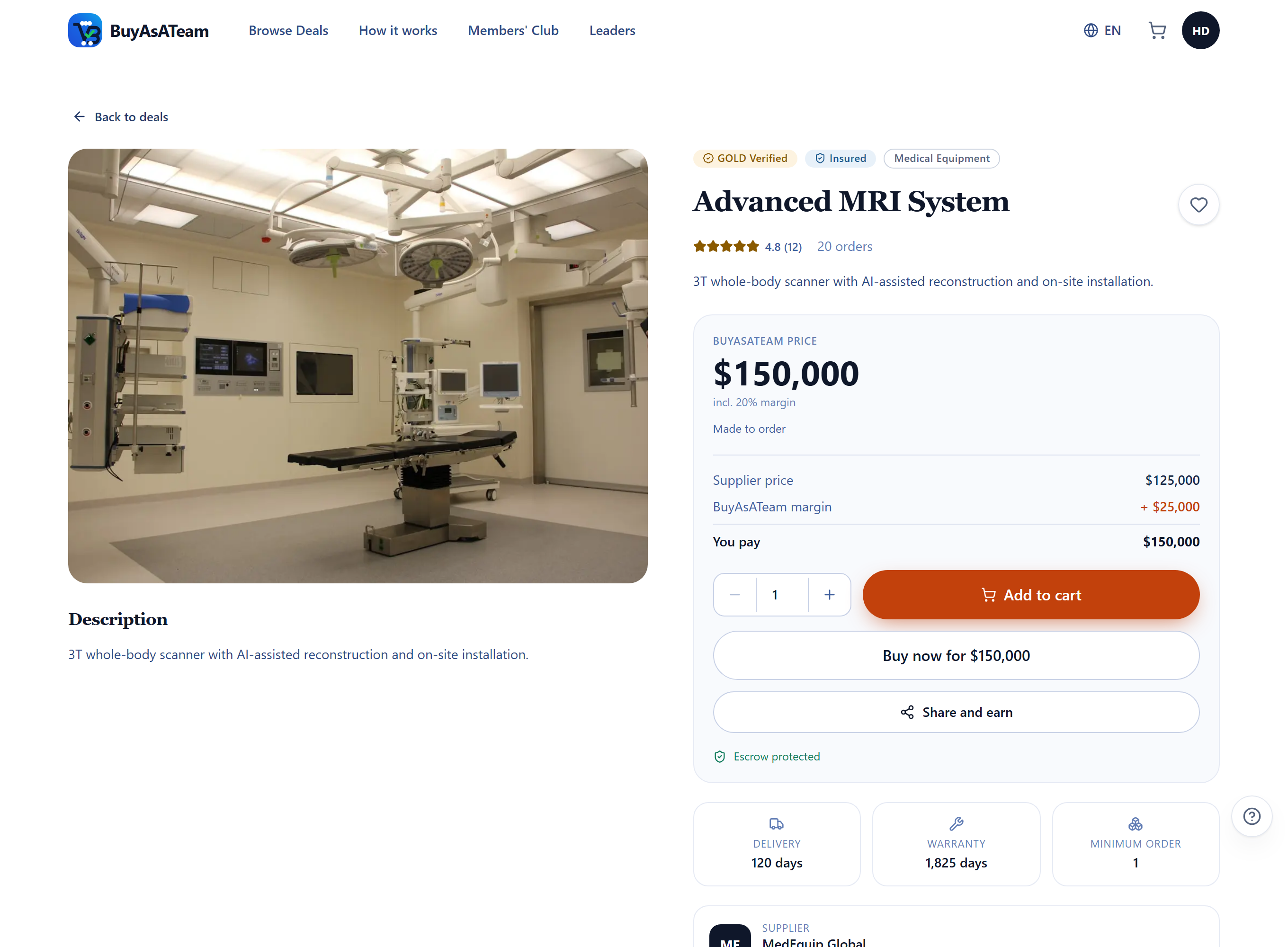 A deal page for an Advanced MRI System, showing the price, the verified and insured badges, and the margin breakdown.
