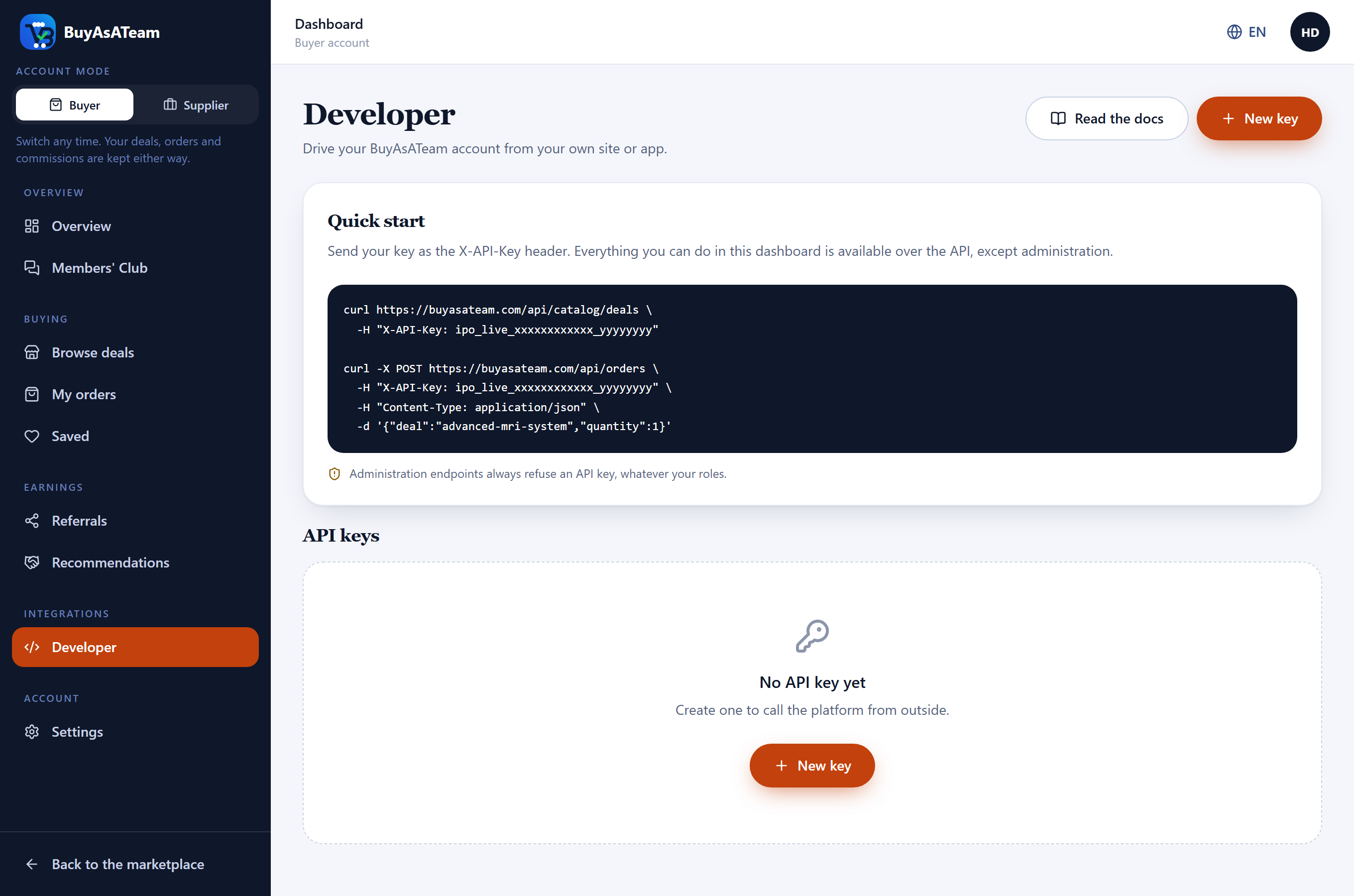 The developer screen, where API keys are created and revoked.