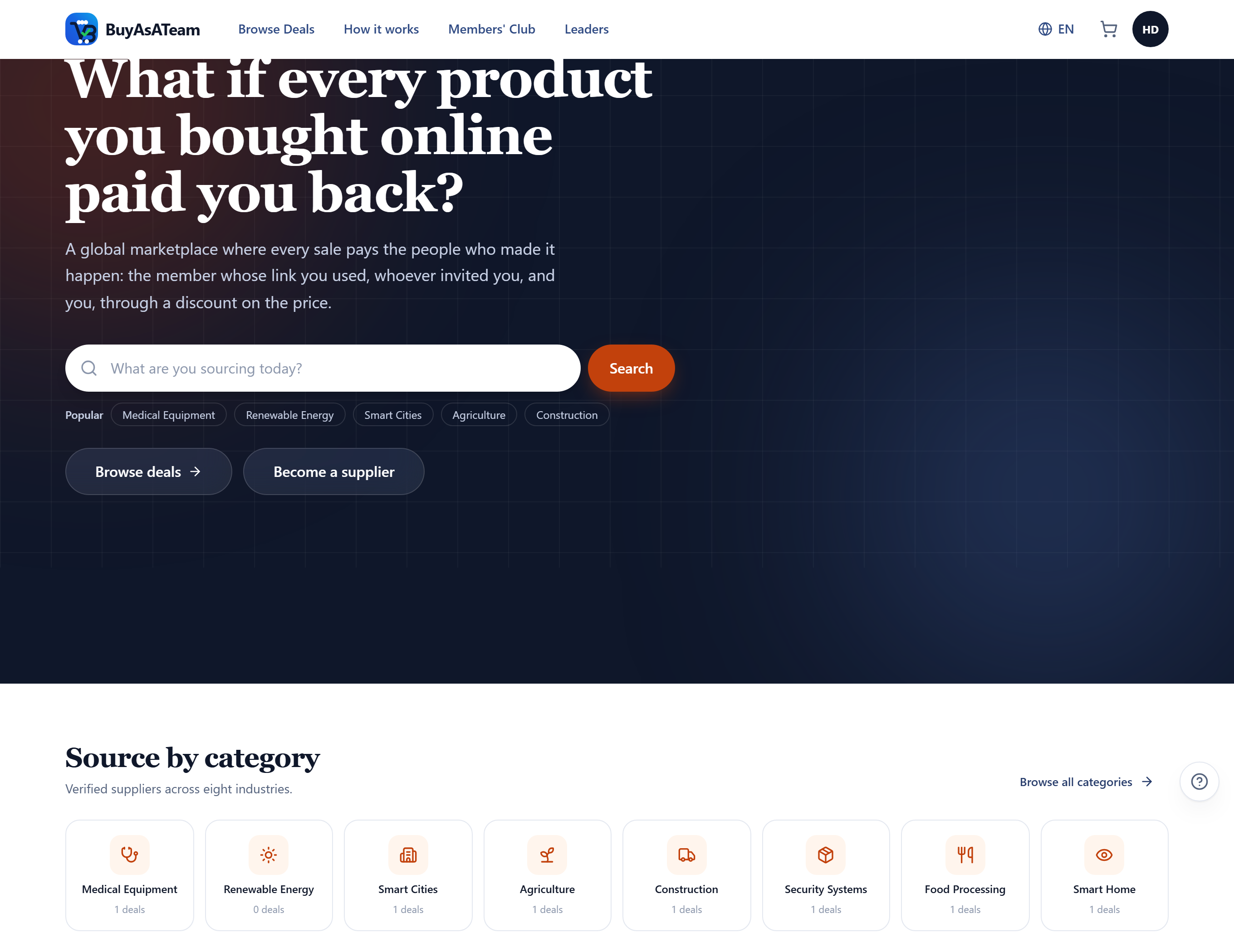 The BuyAsATeam home page, showing the search bar, categories and featured deals.