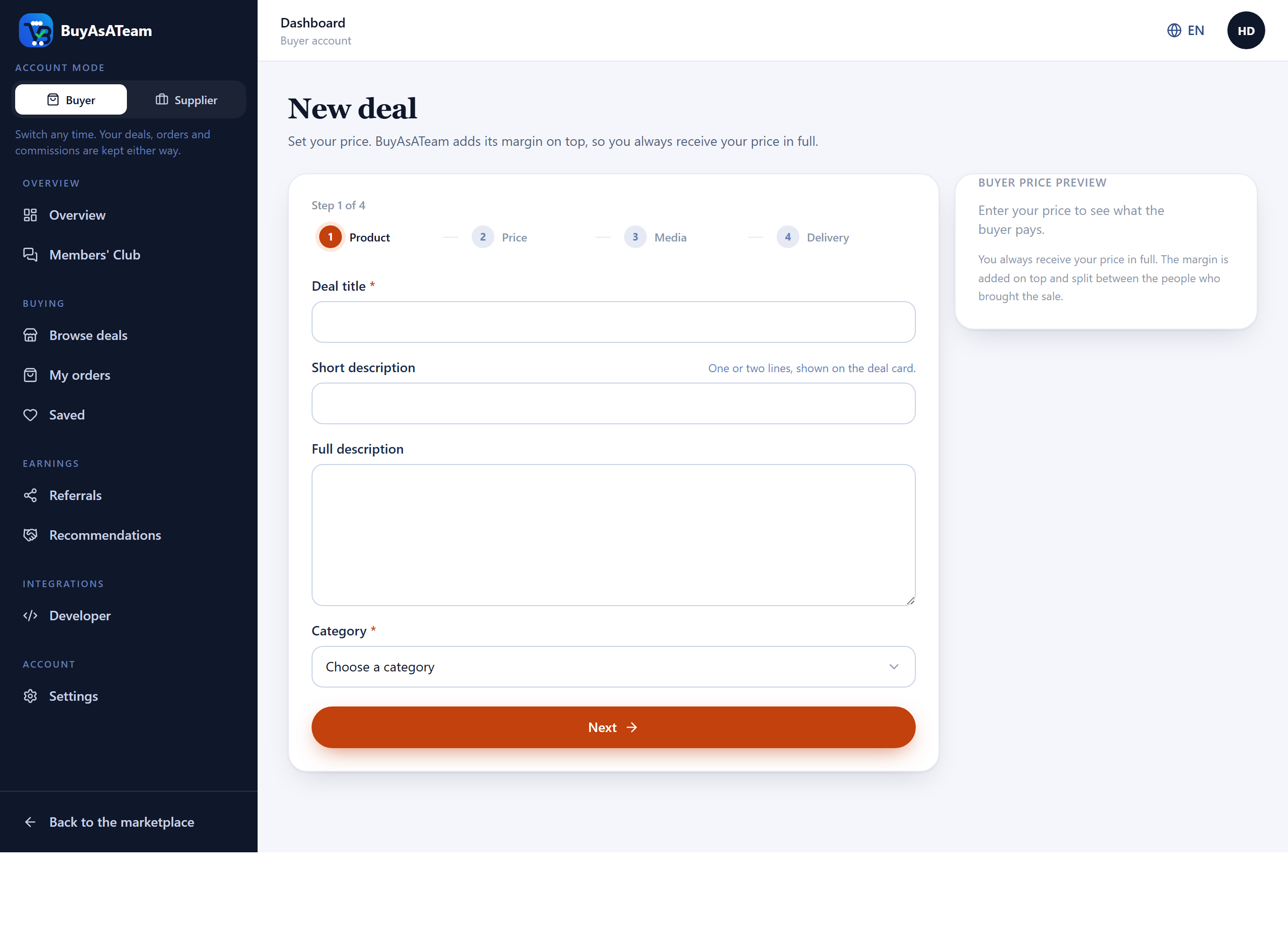 The new deal form, with fields for the product, category, price and terms.