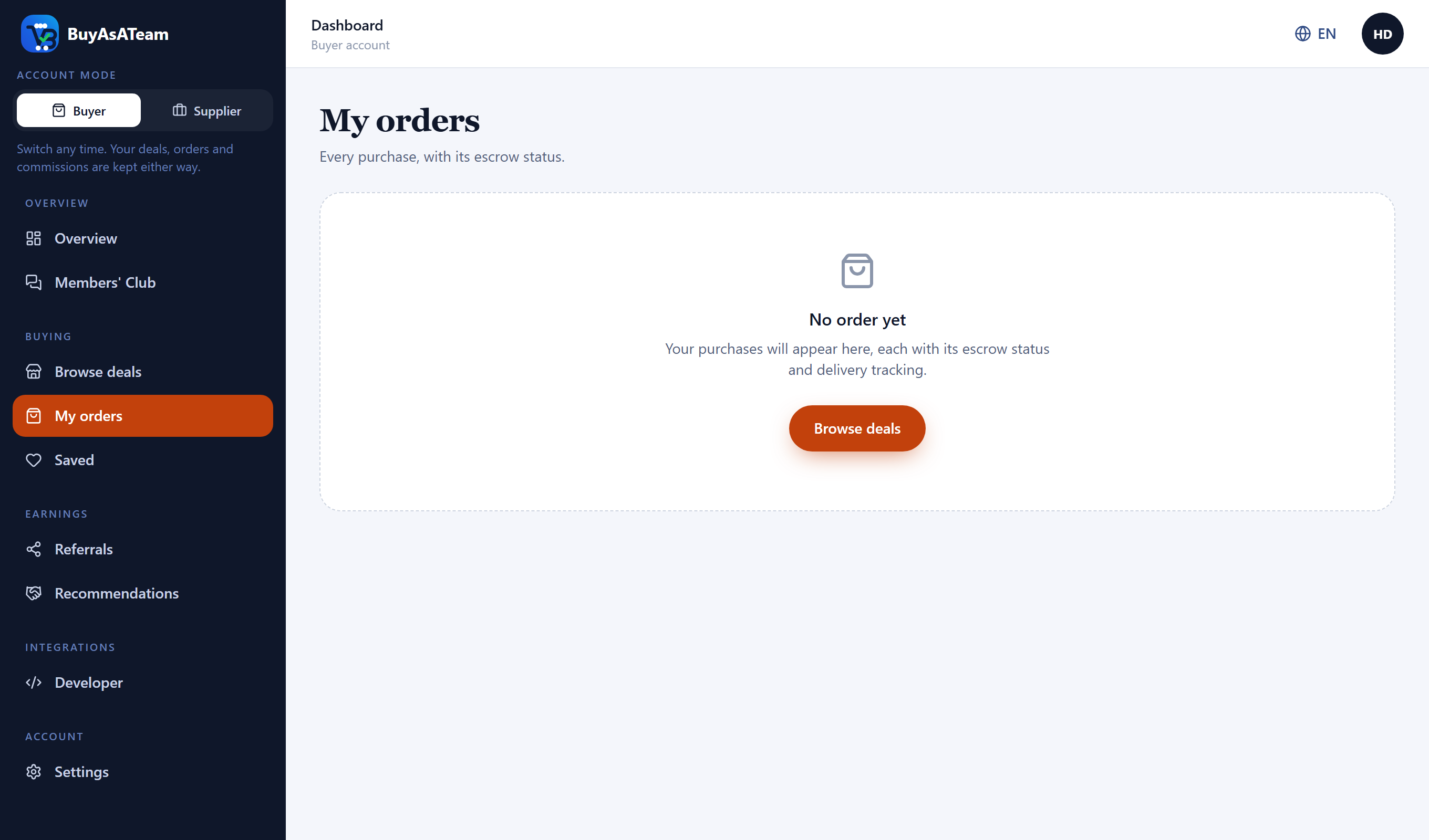 The my orders screen on a new account, showing the empty state and a link to browse deals.