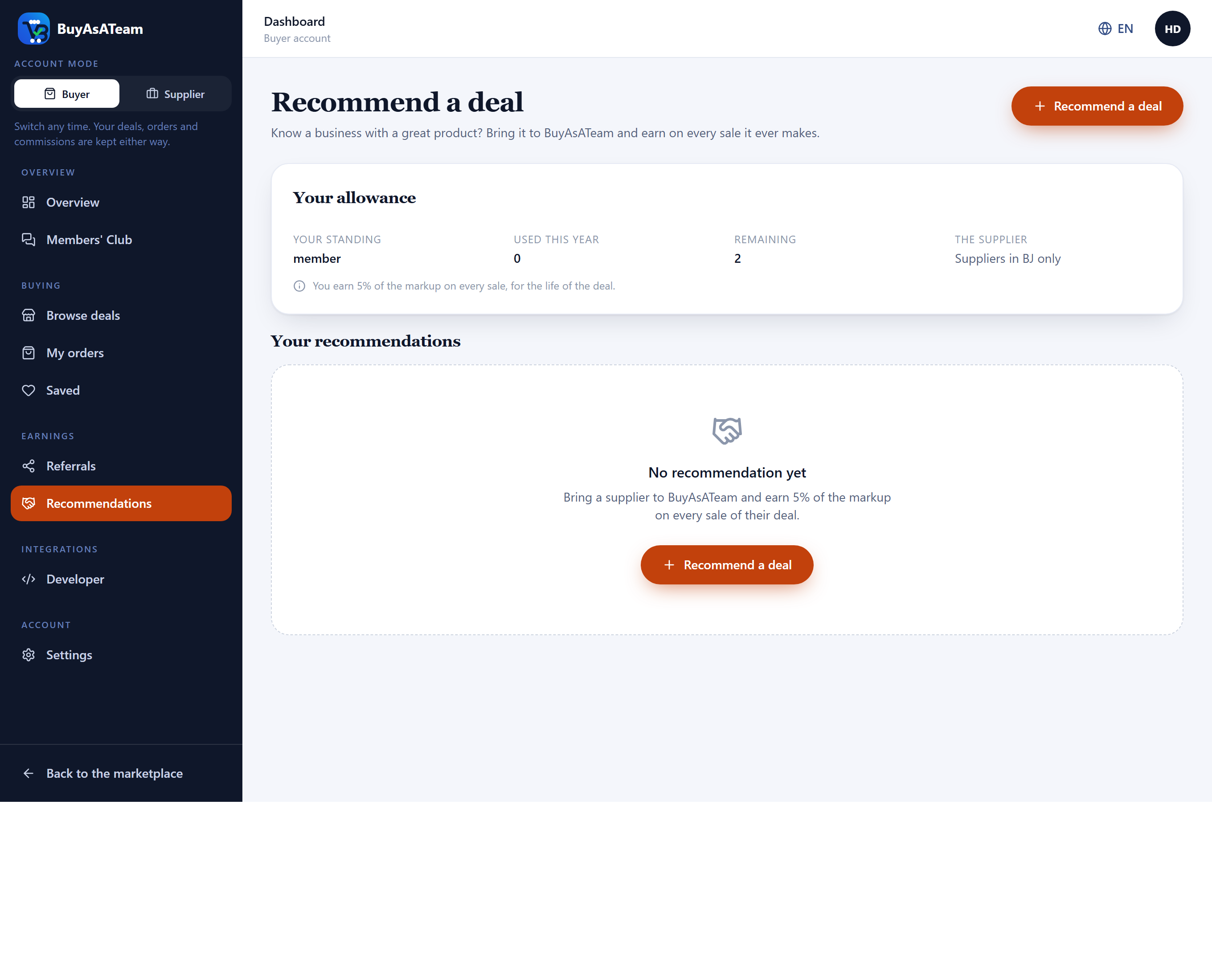 The recommend a deal screen, showing the yearly allowance and the form for the product and the supplier.