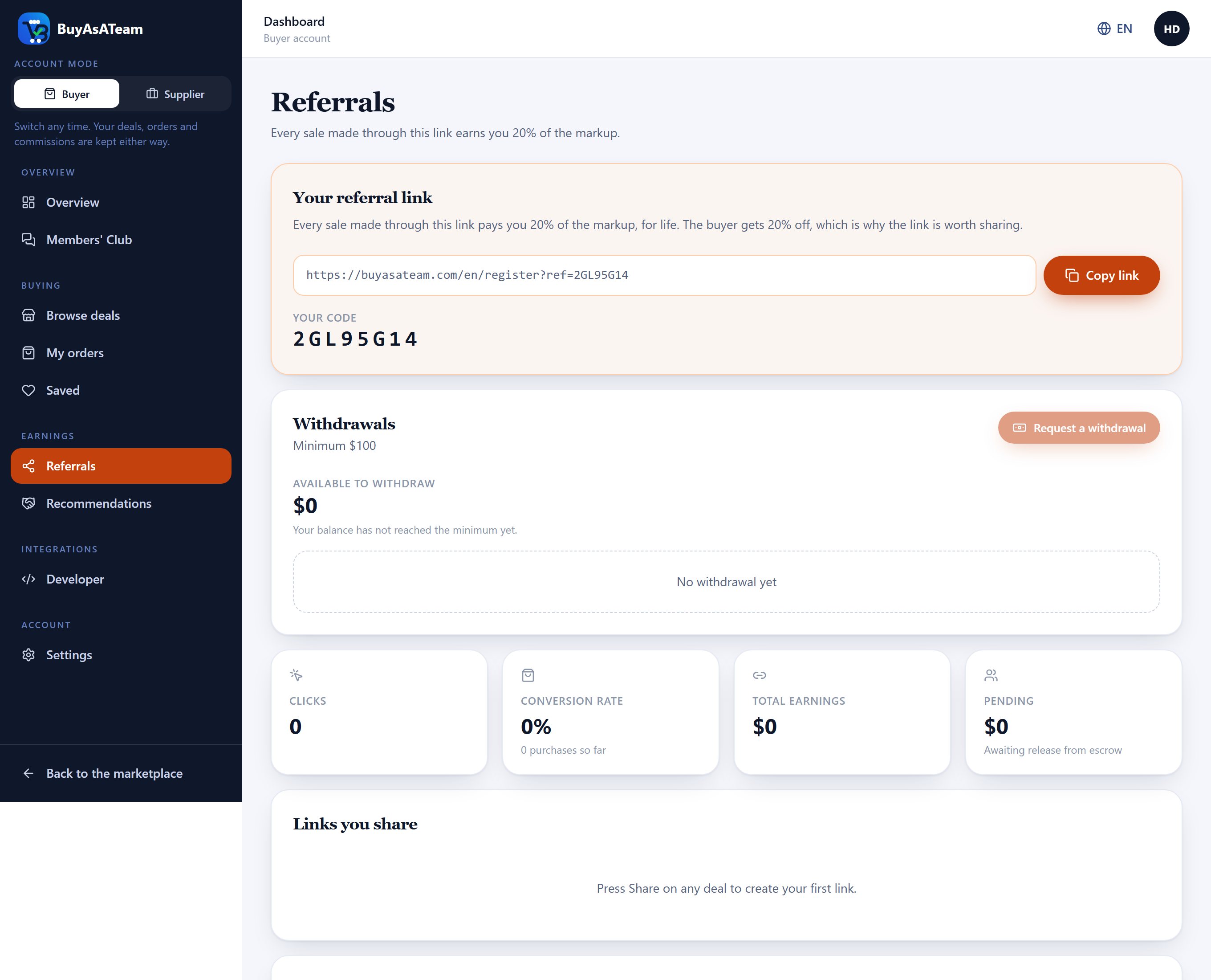 The referrals screen showing the invitation link and code, the withdrawals panel, and counters for clicks, conversion rate, total earnings and pending earnings.