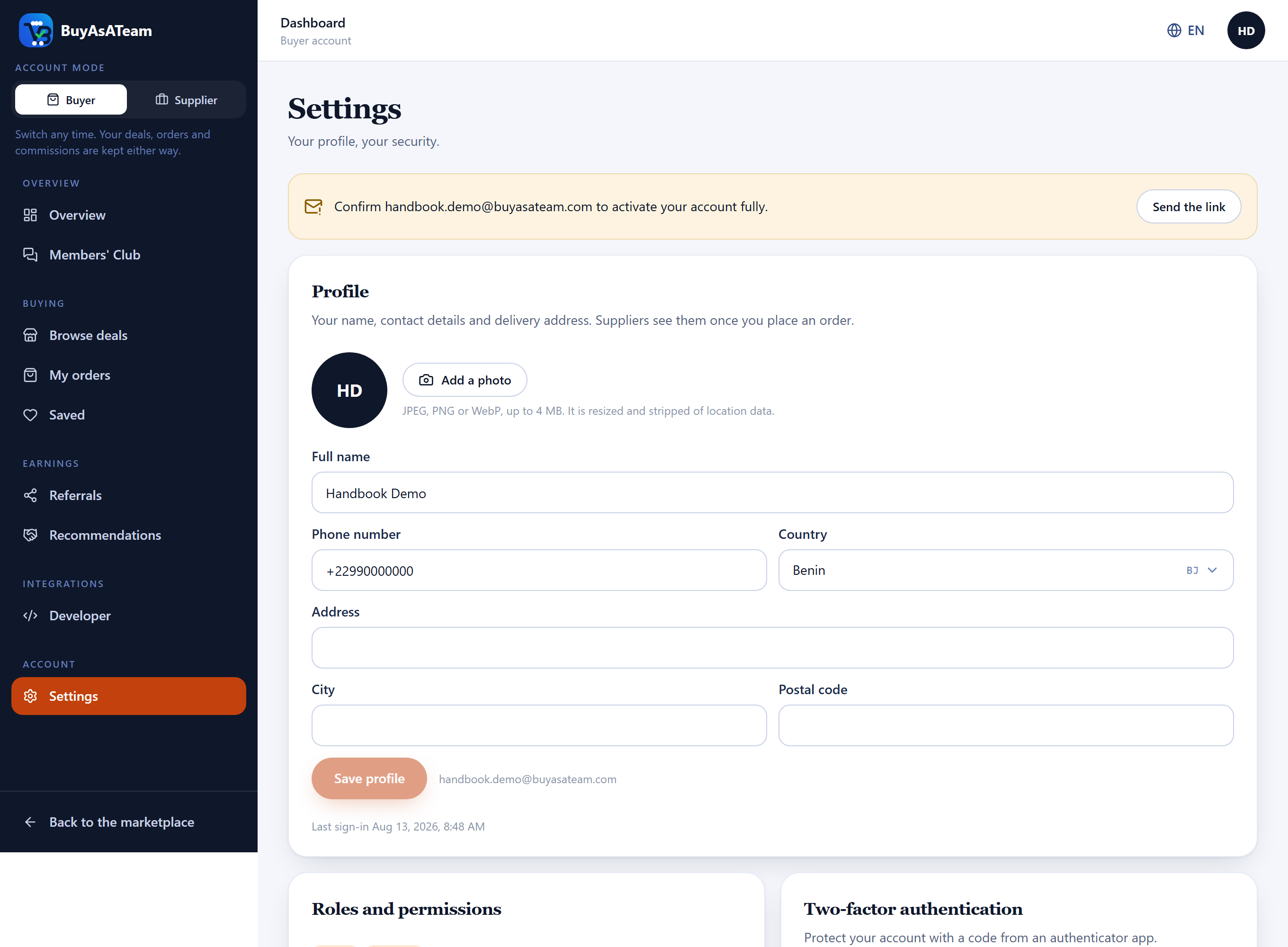 The settings screen with profile fields, identity verification and two-factor authentication.