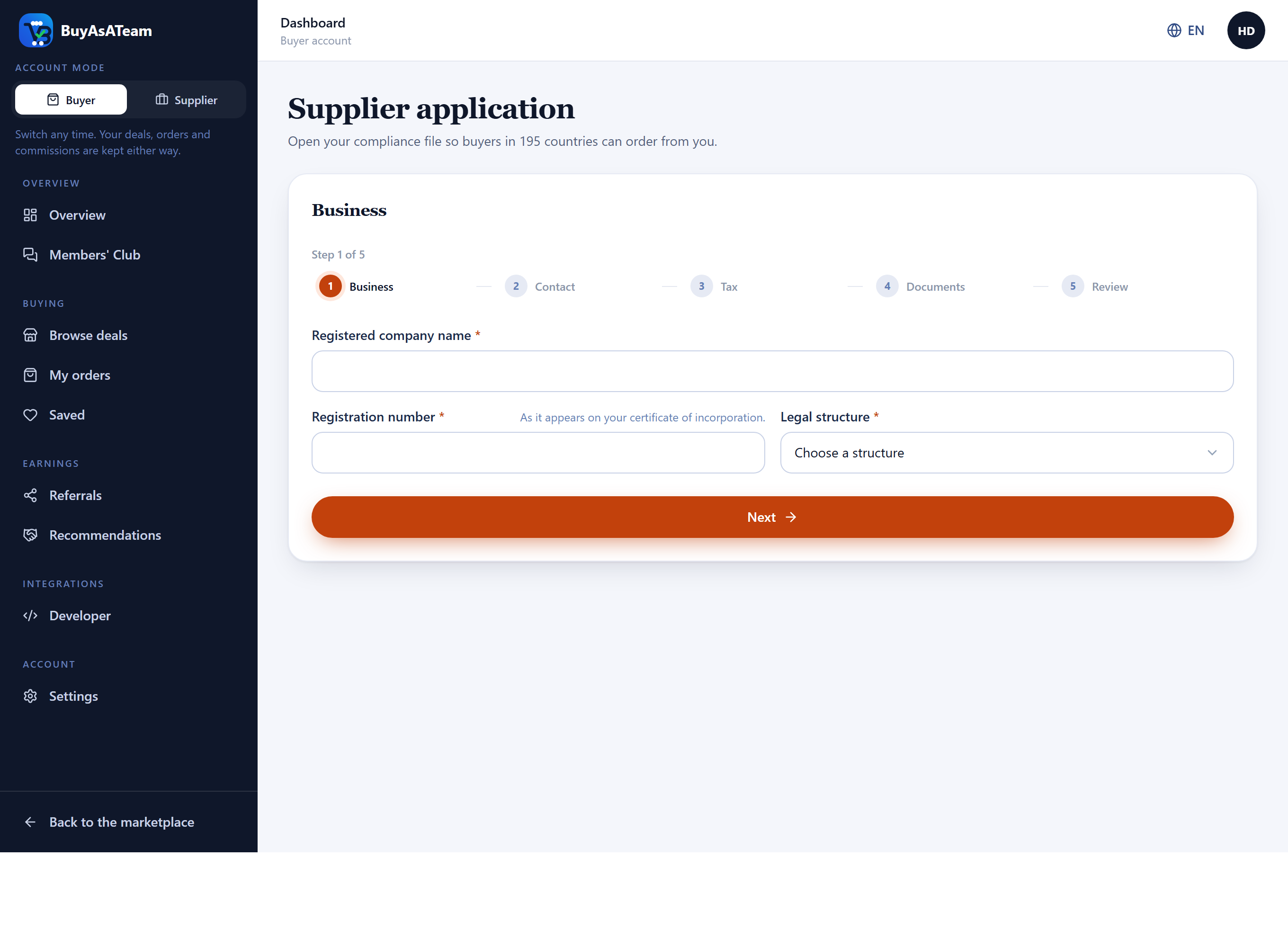 The supplier application, showing the five steps and the first step's fields for the registered company name and registration number.