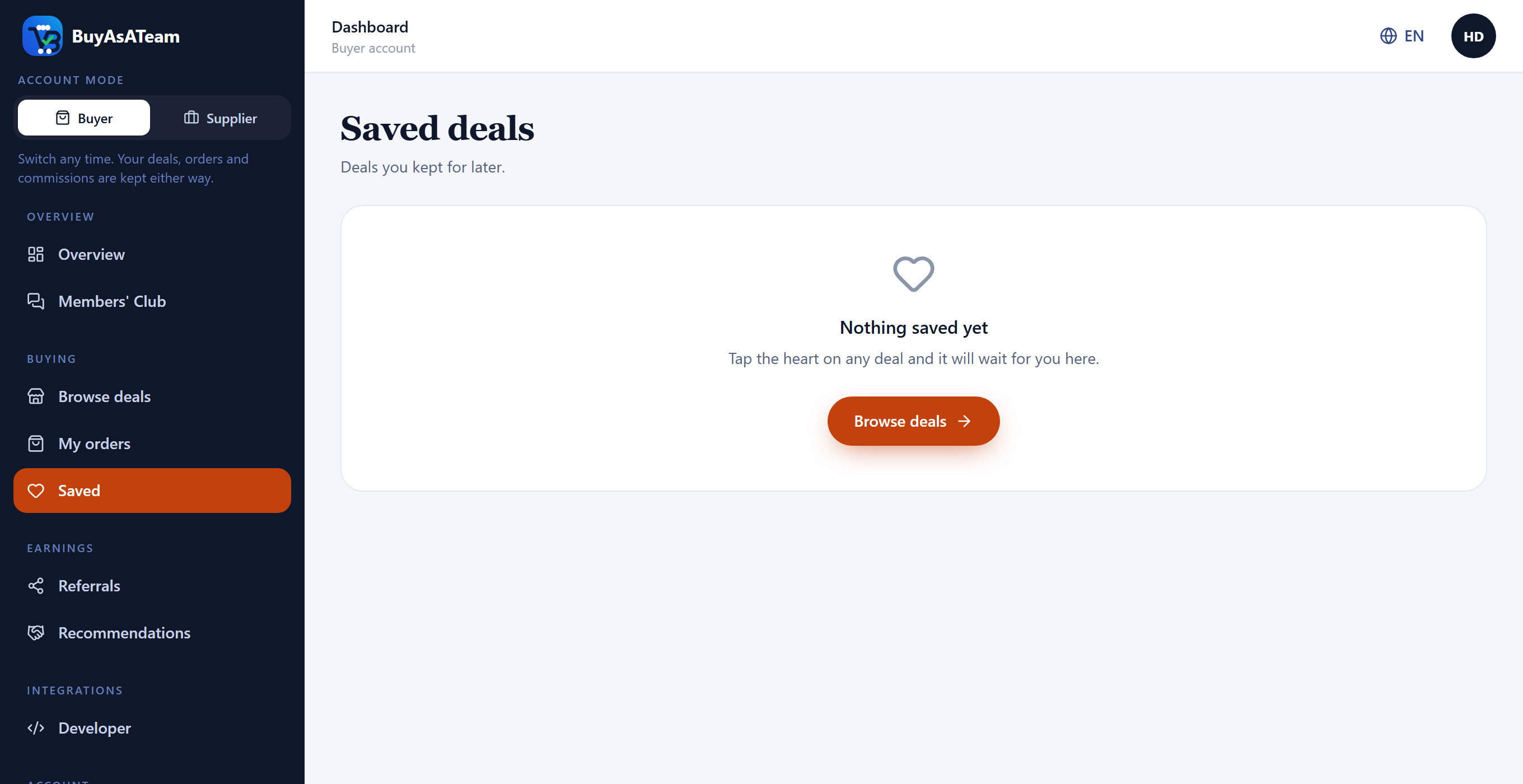 The saved deals screen on a new account, showing the empty state.